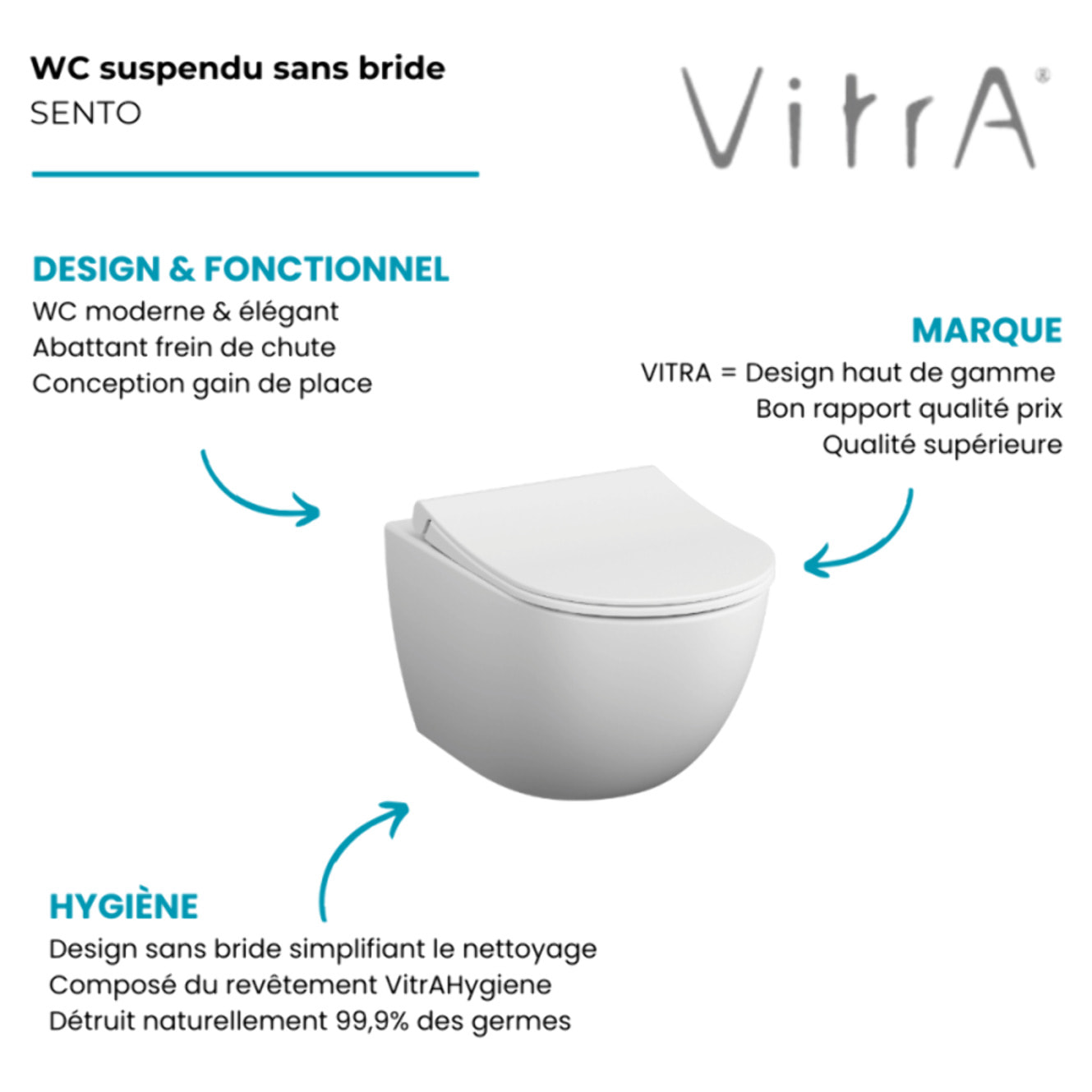 WC suspendu sans bride VITRA Sento blanc mat + abattant