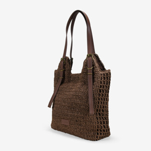Bolso de hombro marrón en rafia con hebillas
