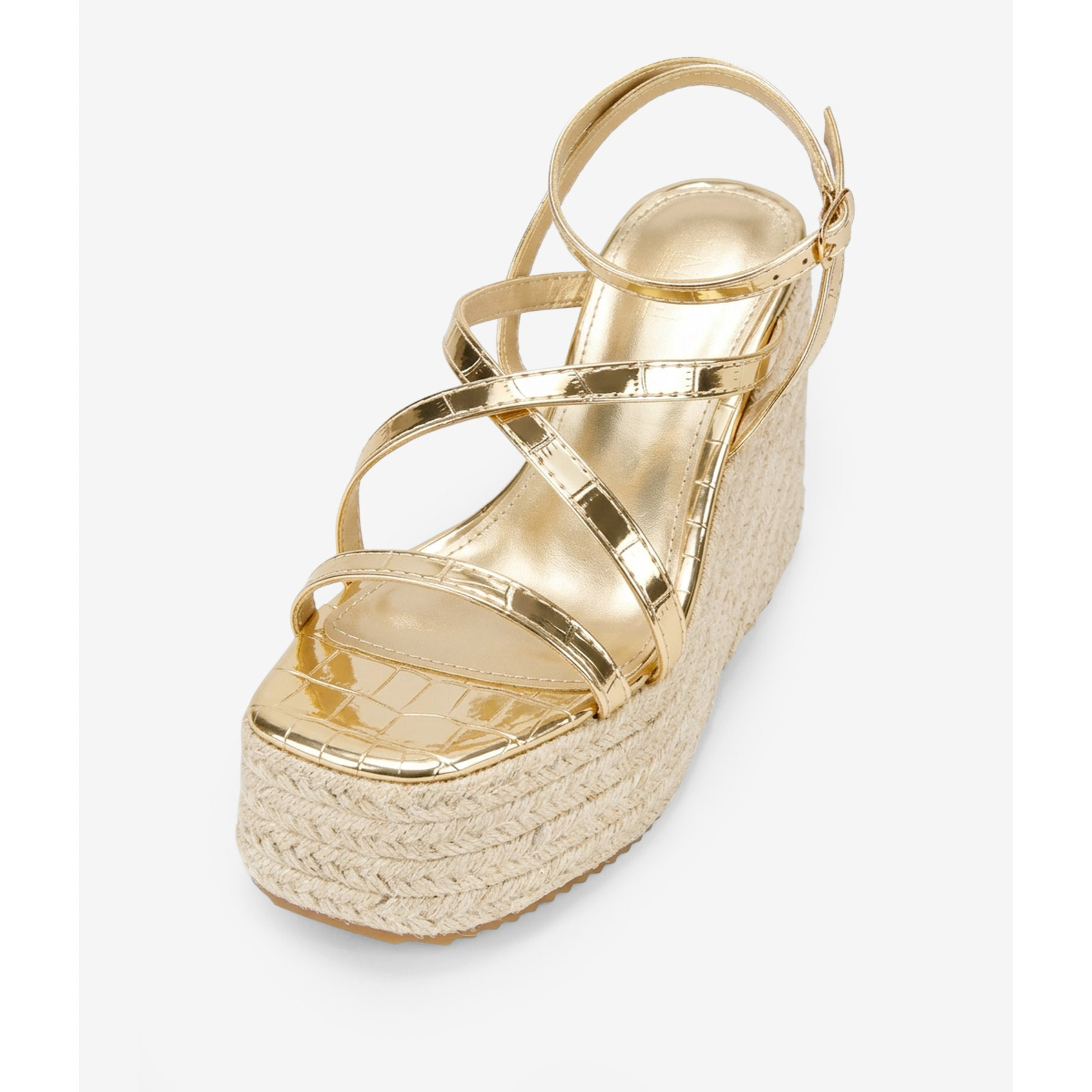 Sandalias de cuña doradas con plataforma de esparto