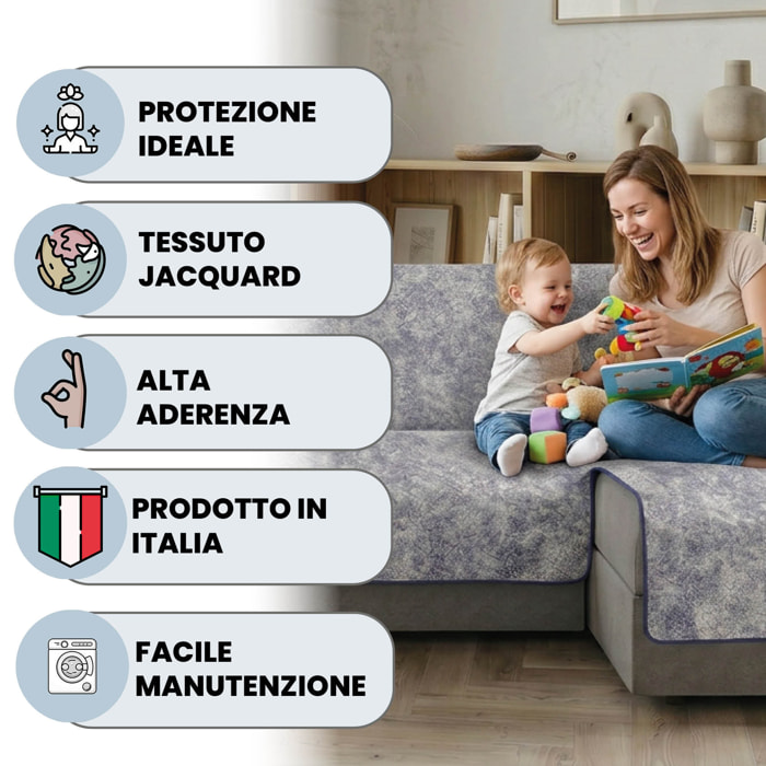 COPRIDIVANO GLAMOUR con Penisola SINISTRA, Antiscivolo, Cotone+Microfibra+Fibre Varie, Made in Italy - BLU SCURO