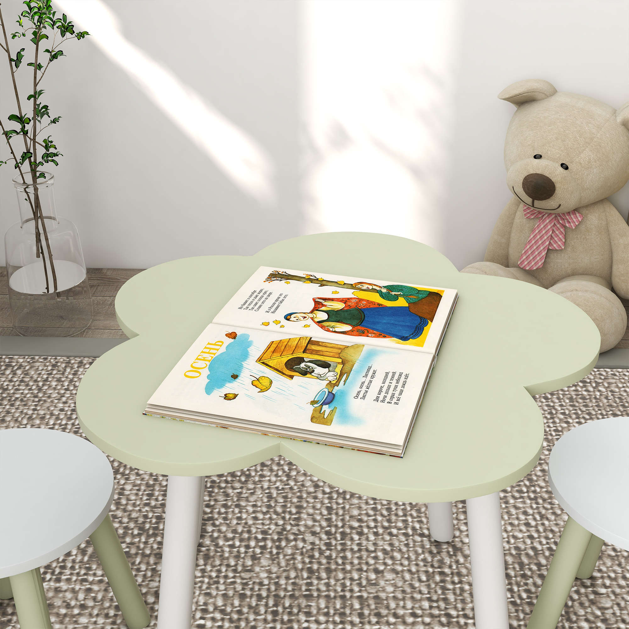 Juego de Mesa y 2 Sillas Infantiles Mesa con Sillas para Niños de 2-5 Años con Mesa en Forma de Flores Ø59x50 cm y Sillas Ø28x26 cm para Dormitorio Sala Blanco y Verde Pastel