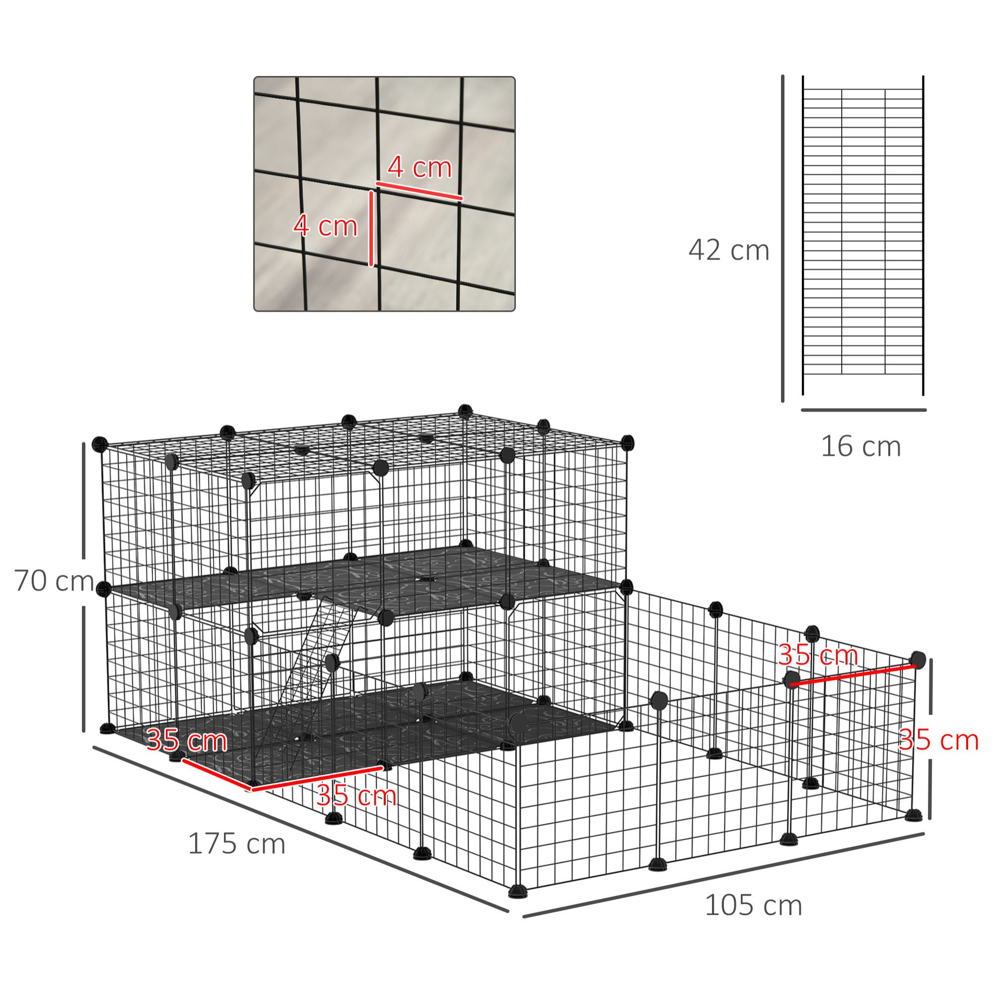 Cage parc enclos rongeurs modulable dim. L 175 x l 105 x H 70 cm 2 niveaux 2 portes rampe résine PP fil métallique noir