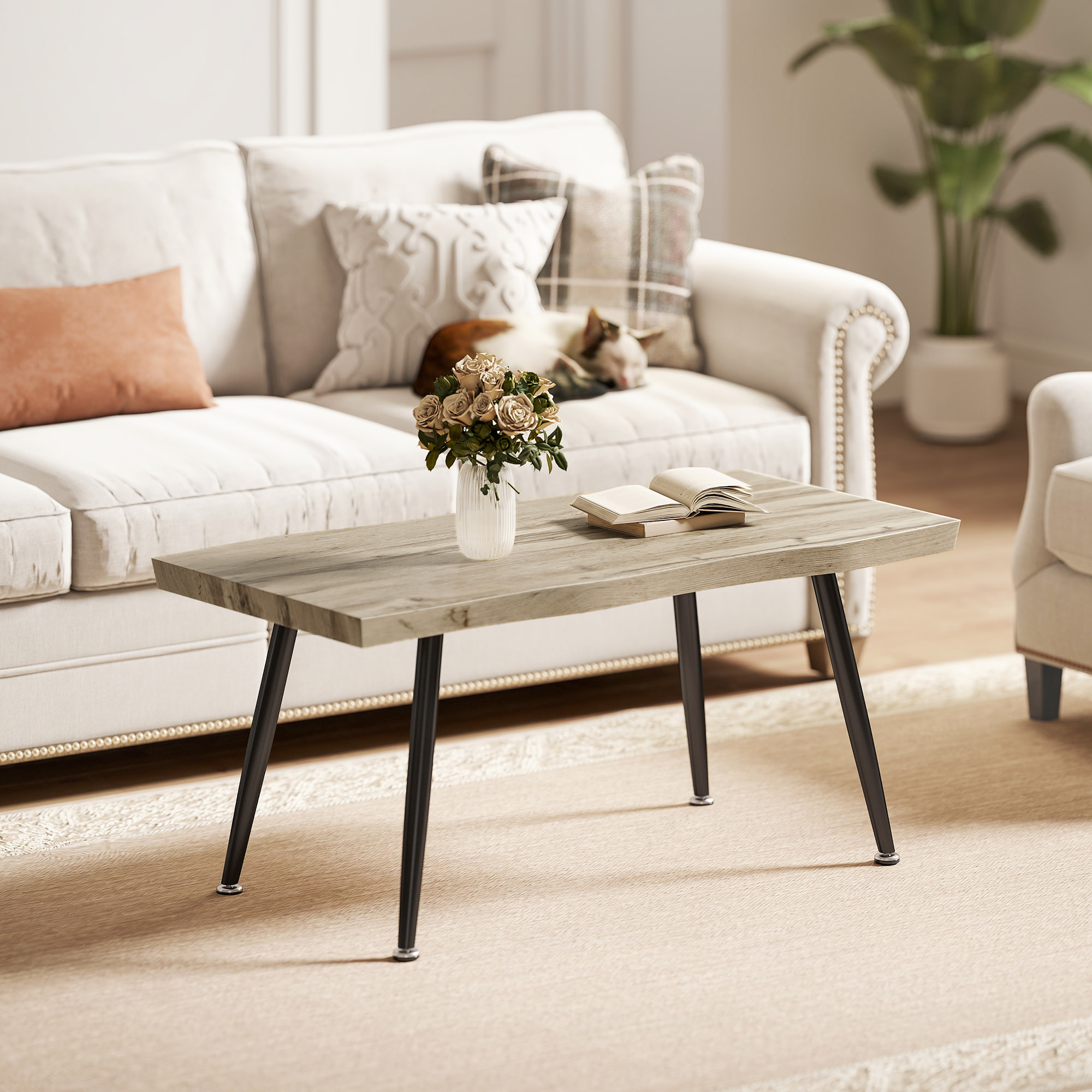 Mesa de Centro Curva, Mesa baja para Salón Moderno con Tablero Grueso de 4 cm, Patas de Acero, para Sala de Estar, Dormitorio, 100x50x45 cm, Roble