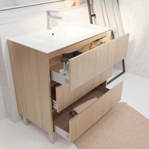 Pack Meuble Salle de Bains 80 cm Chêne Clair, 3 tiroirs avec Vasque Céramique - XENOS