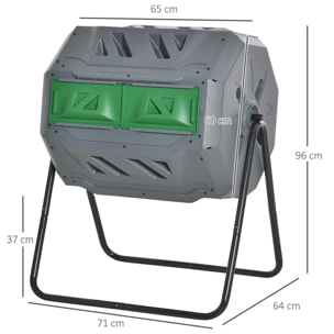 Compostador de Tambor Giratorio Contenedor de Compostaje de Doble Cámara con Capacidad 160 litros y Ventilación Marco de Acero para Residuos Orgánicos de Jardín 71x64x96cm Gris