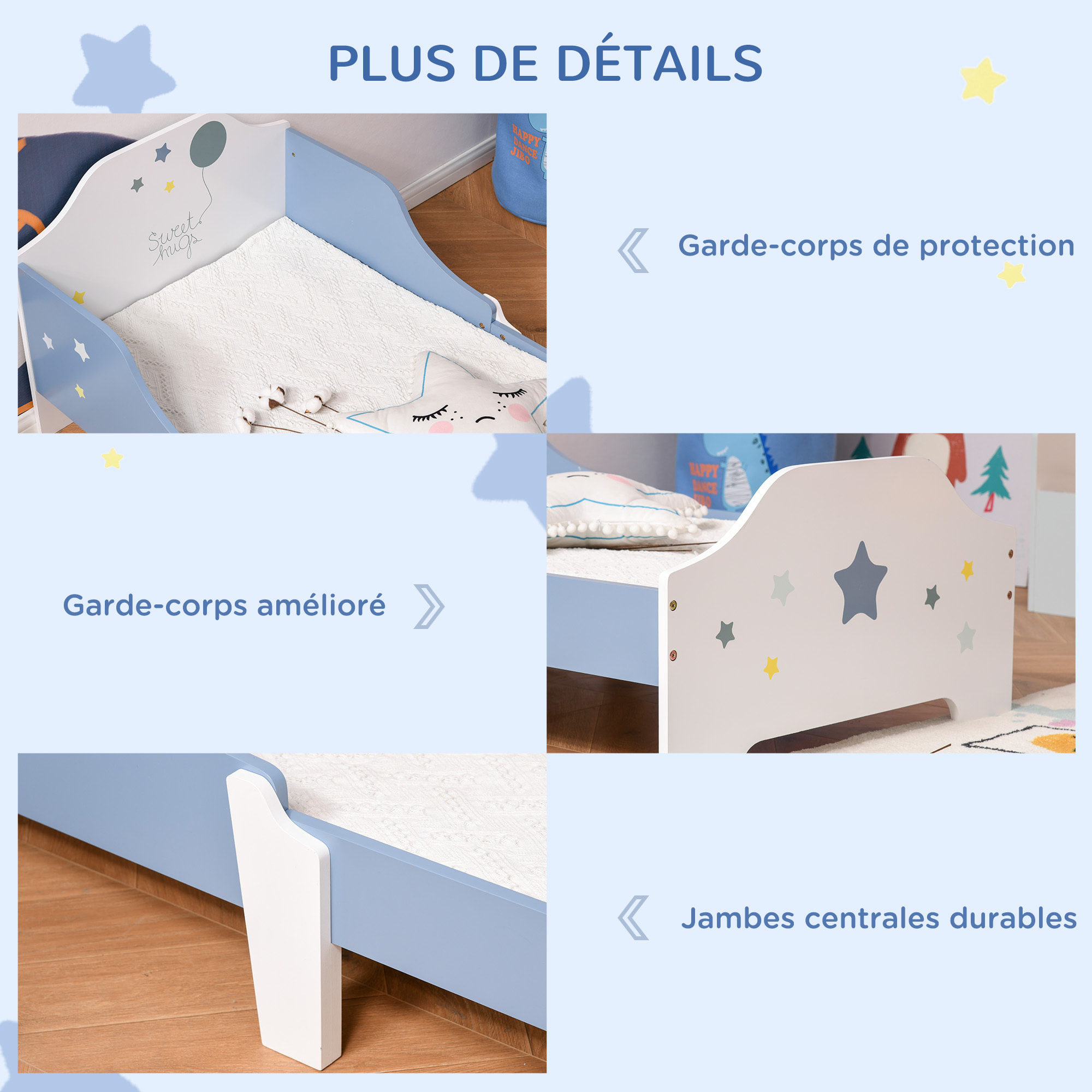 Lit enfant design étoiles - 3-6 ans - dim. 143L x 74l cm - sommier à lattes inclus - bleu blanc