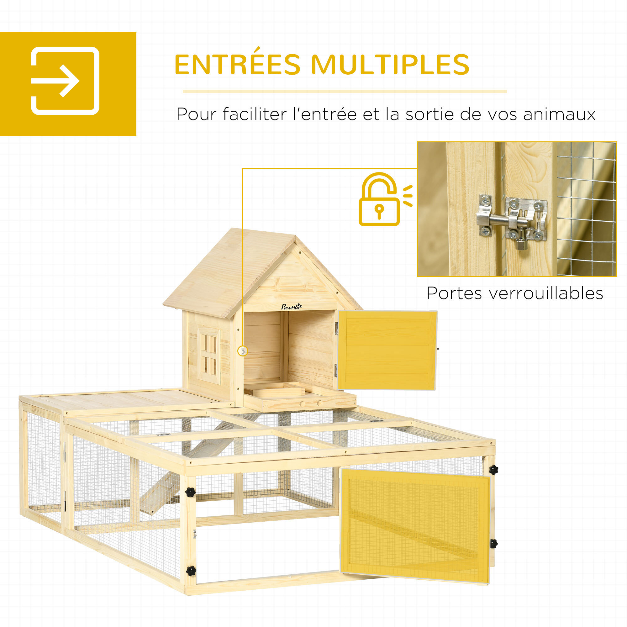 Clapier enclos cage à lapin 2 niveaux dim. 151L x 106l x 97H cm - aire de jeu, rampe, portes verouillables - bois sapin