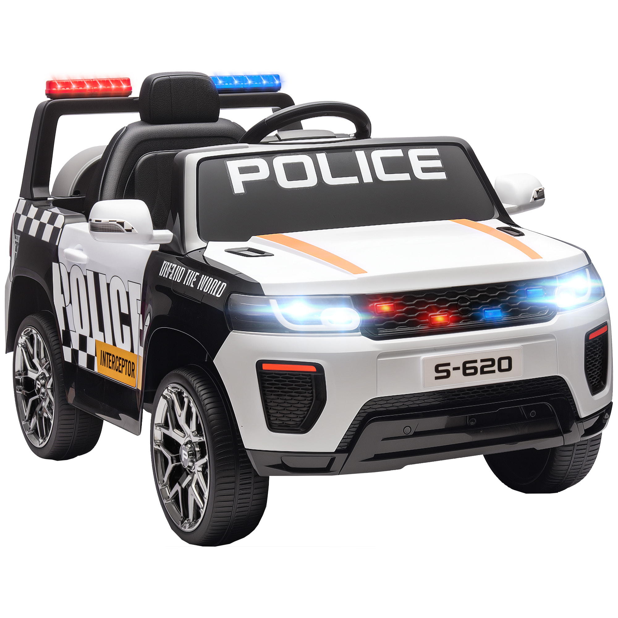 Coche Eléctrico para Niños de Policía, Coche de Batería 12V, con Motor Doble, Mando a Distancia 2,4 G, Suspensión en 4 Ruedas, Sirena, Faros LED, Puerto USB, Blutooth y Música, Blanco