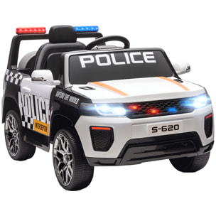 Coche Eléctrico para Niños de Policía, Coche de Batería 12V, con Motor Doble, Mando a Distancia 2,4 G, Suspensión en 4 Ruedas, Sirena, Faros LED, Puerto USB, Blutooth y Música, Blanco