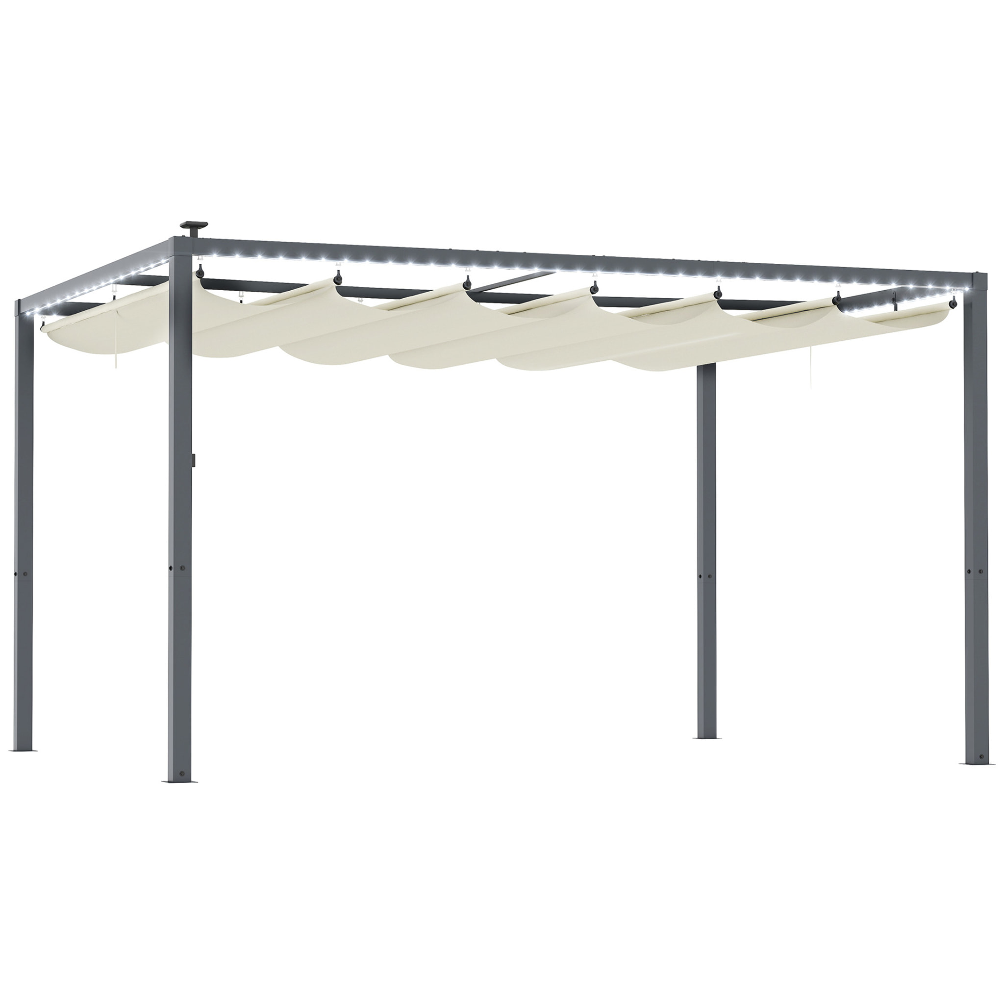 Pérgola de Aluminio con Luces LED 4x3 m Cenador de Jardín Gazebo con Solares Techo Retráctil Impermeable Anti-UV Pabellón para Patio Terraza Crema y Gris