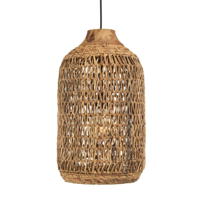SIXTINE - Suspension 30x30cm en abaca couleur naturelle et teck recyclé