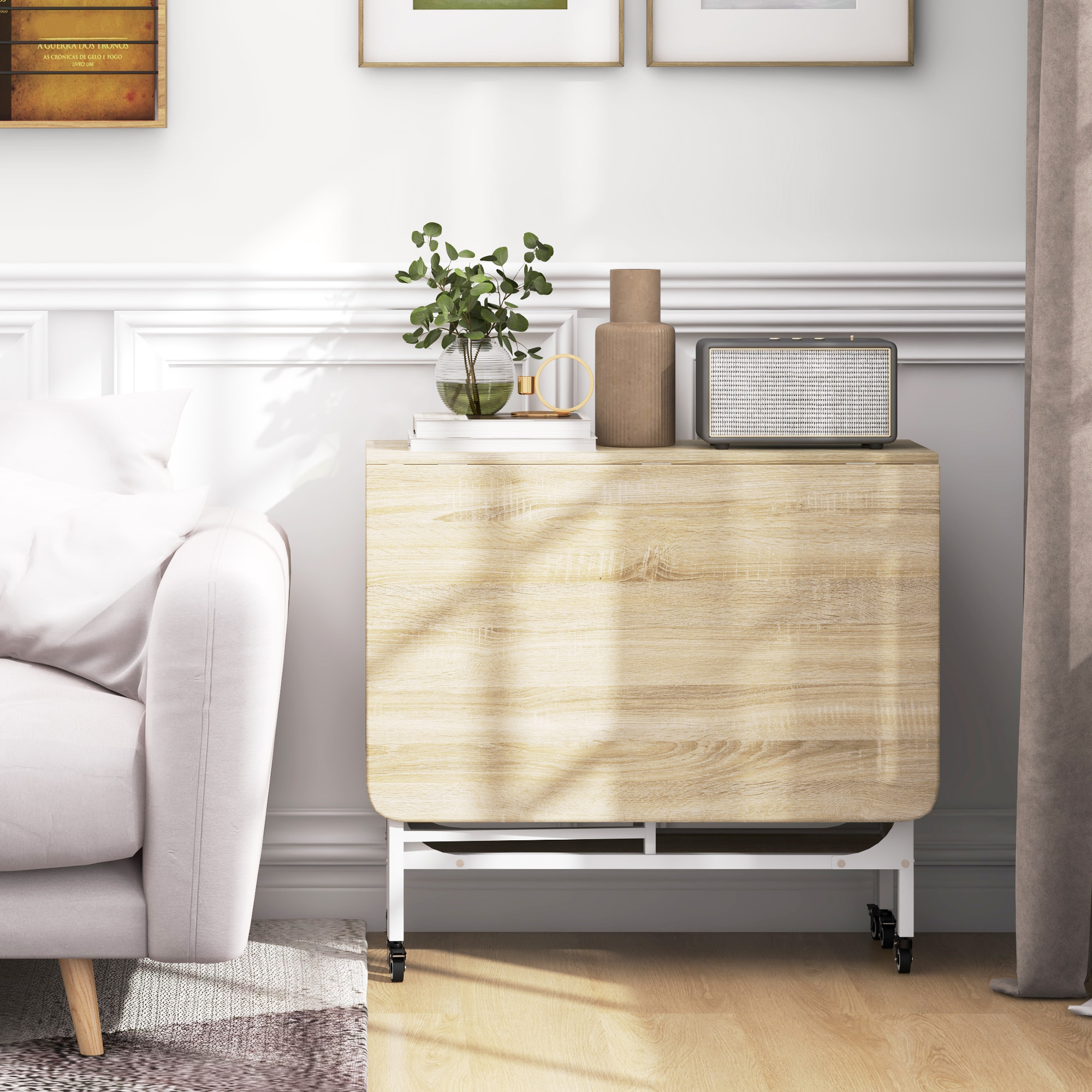 Mesa Plegable de Comedor Mesa de Cocina Plegable con Ruedas Alas Abatibles y Estante Mesa Plegable para Salón 130x80x74 cm Madera Natural