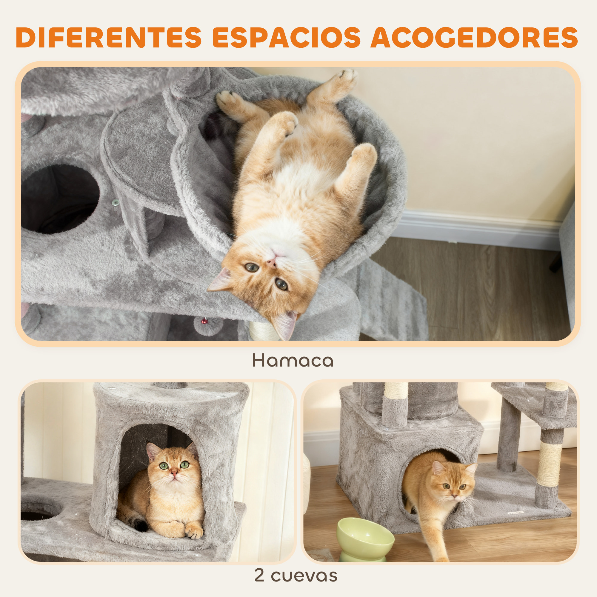 Árbol Rascador para Gatos Grande, Árbol para Gatos, Altura 170 cm, Torre de Escalada con 7 Postes, 1 Túnel, 3 Plataformas, 2 Cuevas, 1 Hamaca, 1 Percha, 1 Rampa, Pompones, Gris Claro