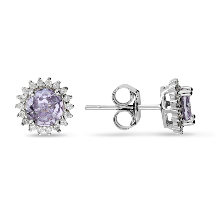 Orecchini Bottone Fiore con Cubic Zirconia Viola