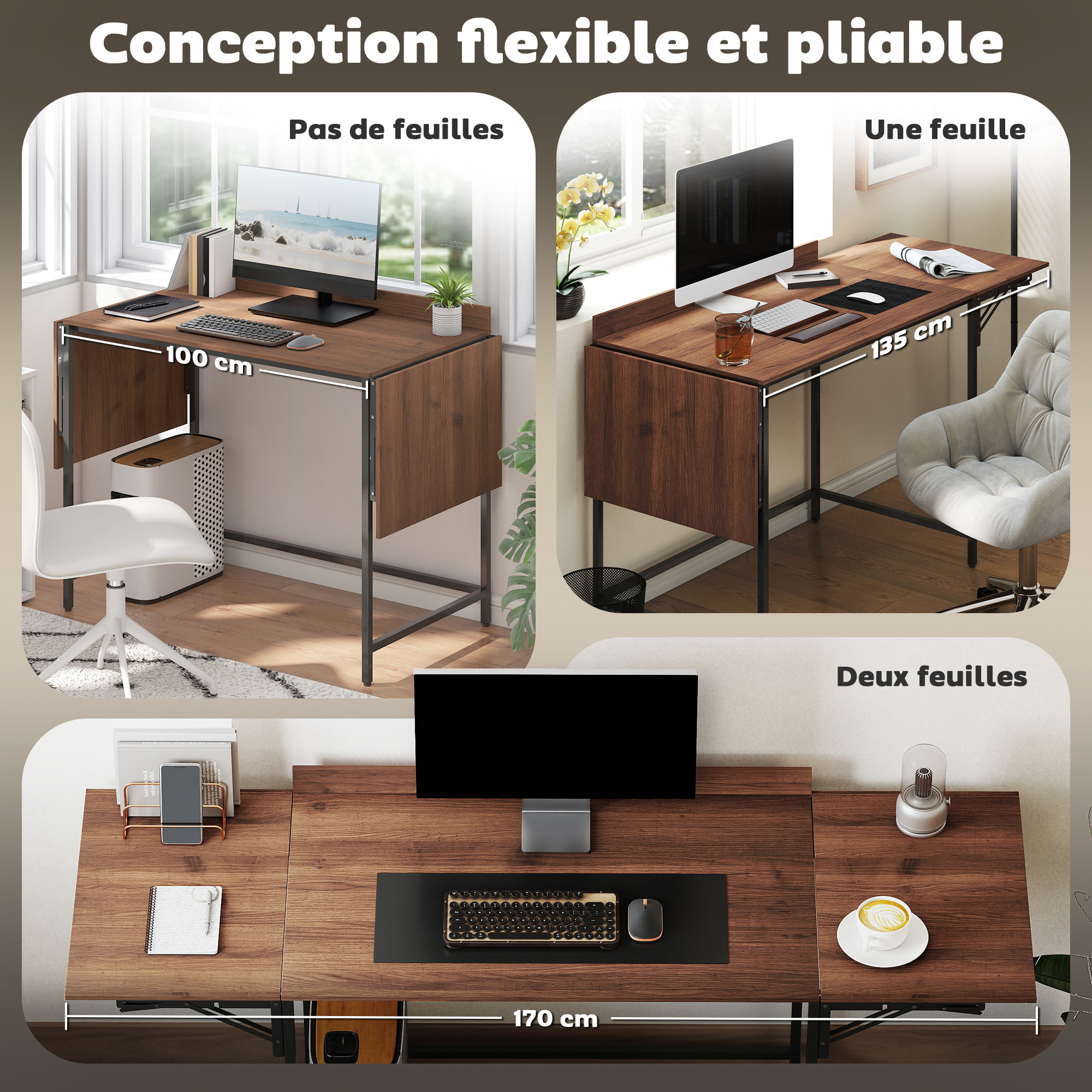 Bureau pliable bureau pliant 2 rallonges rebord plateau arrière métal noir effet bois noyer