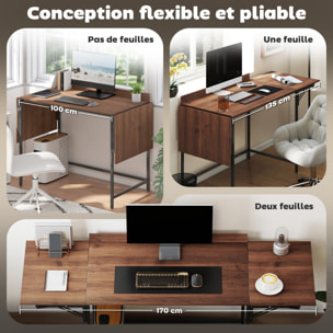 Bureau pliable bureau pliant 2 rallonges rebord plateau arrière métal noir effet bois noyer