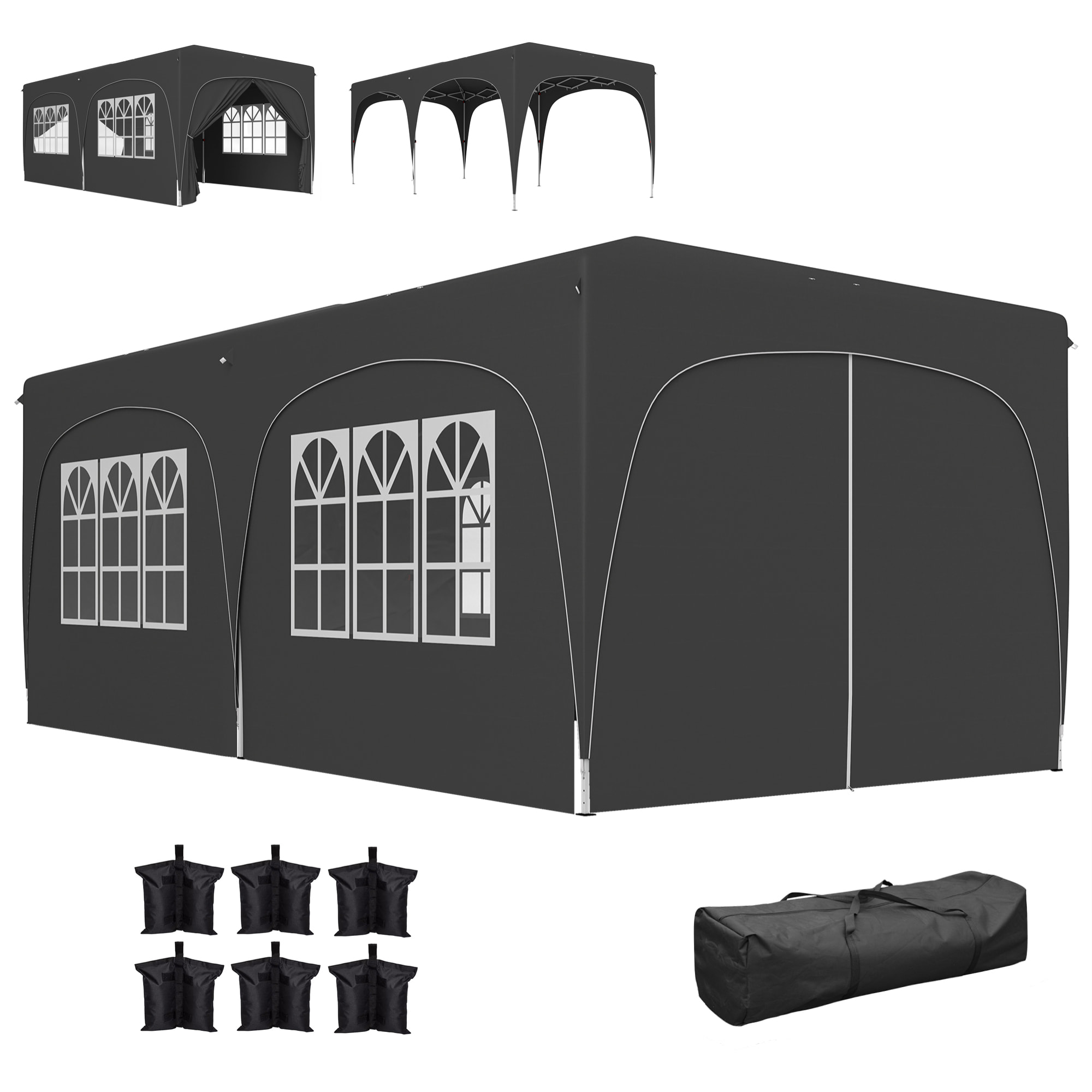 Tonnelle barnum pop up automatique 3x6 m - hauteur réglable - sac de transport, 6 sacs à lester inclus - anthracite