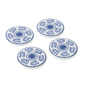 J-Line dessous de verre Fleurs - bois - bleu/blanc - set de 4