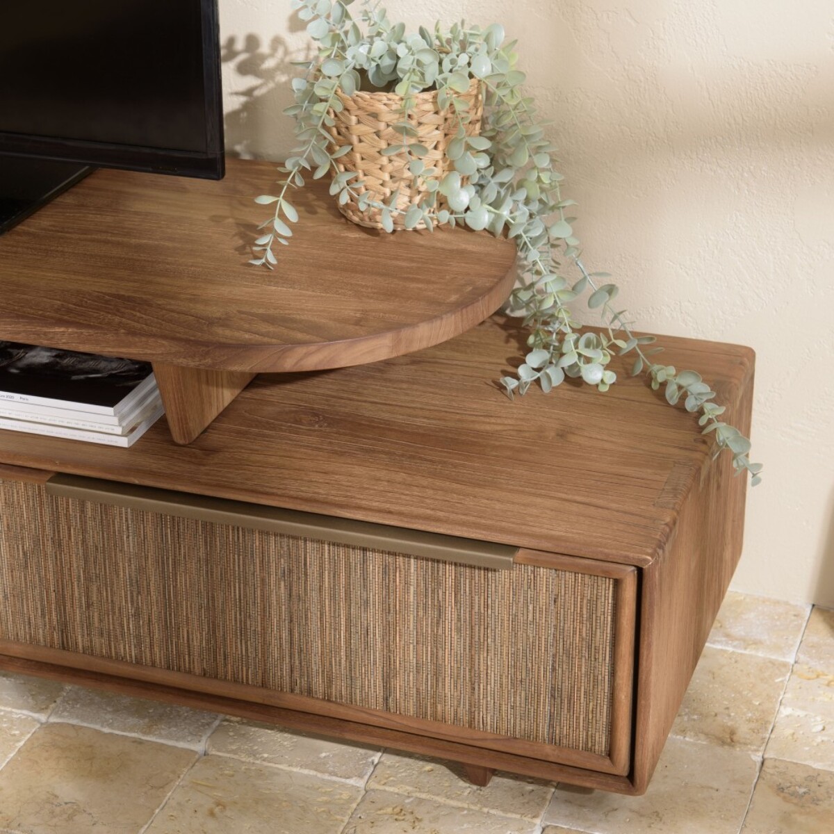SIXTINE - Meuble TV modulable 140x40cm 2 tiroirs en bois teck recyclé