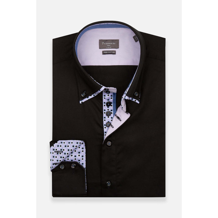 Camicia Uomo 2 Bottoni Button Down 7bottoni Doppio Coll Satin Unito Nero