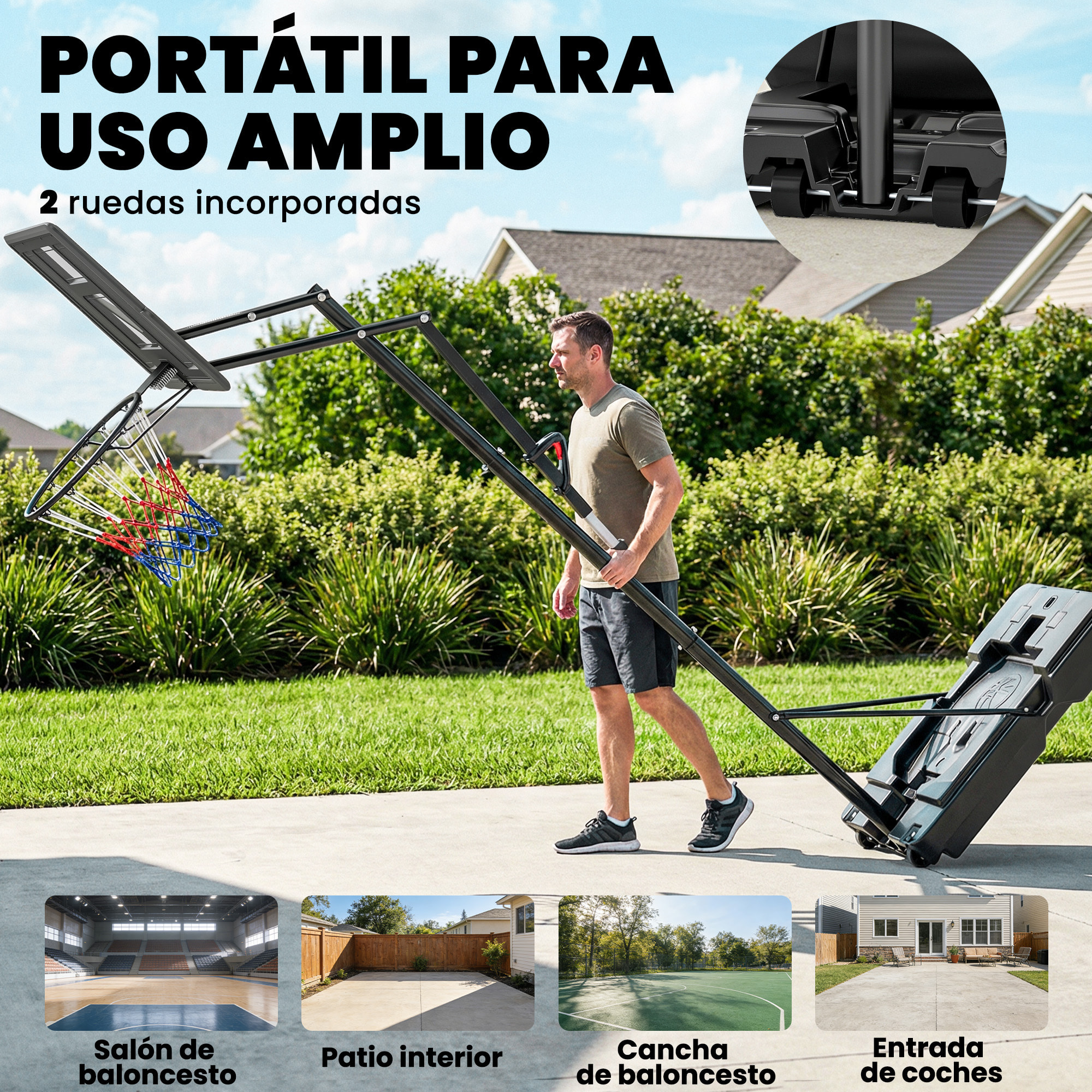 Canasta de Baloncesto para Exterior, Altura Ajustable de 5 Niveles, 235-305 cm, Canasta de Baloncesto Portátil con Ruedas, Base Rellenable y Bolsa de Peso, para Adultos y Adolescentes