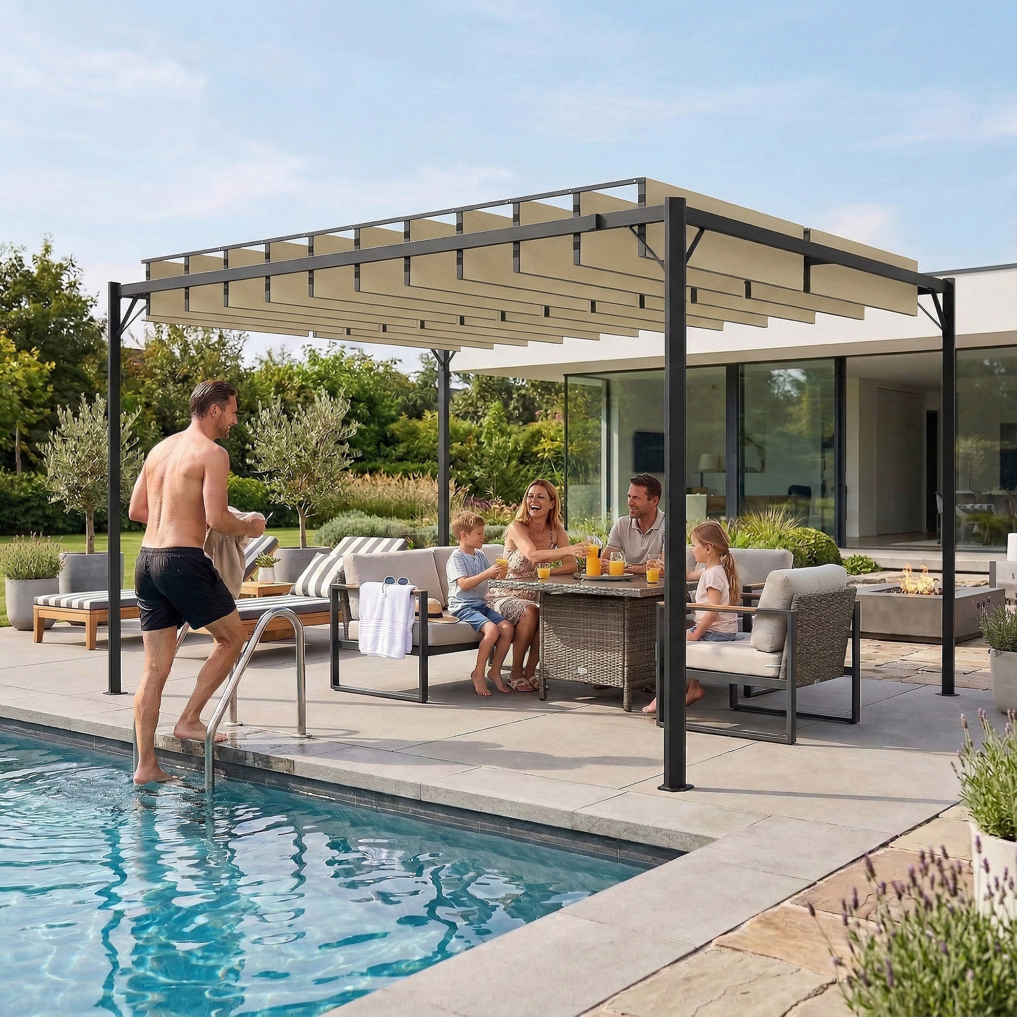 Pérgola de Jardín 3x4 m, Cenador de Jardín con Techo de Lamas Orientables, Estructura de Metal, Protección UPF50+, Pabellón para Exterior, Patio, Terraza, Blanco Crema