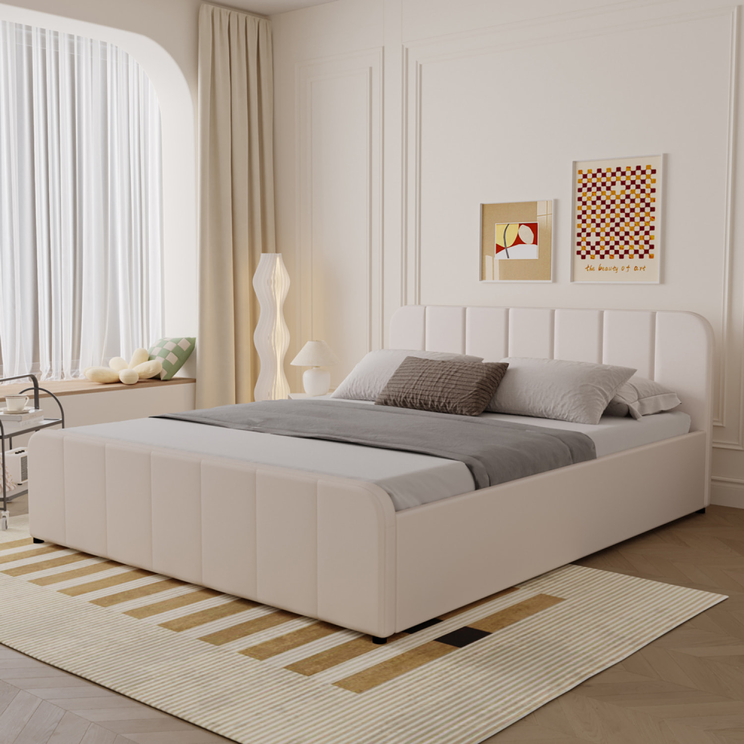 KANSAS Lit avec coffre de rangement 140x190cm en velours beige