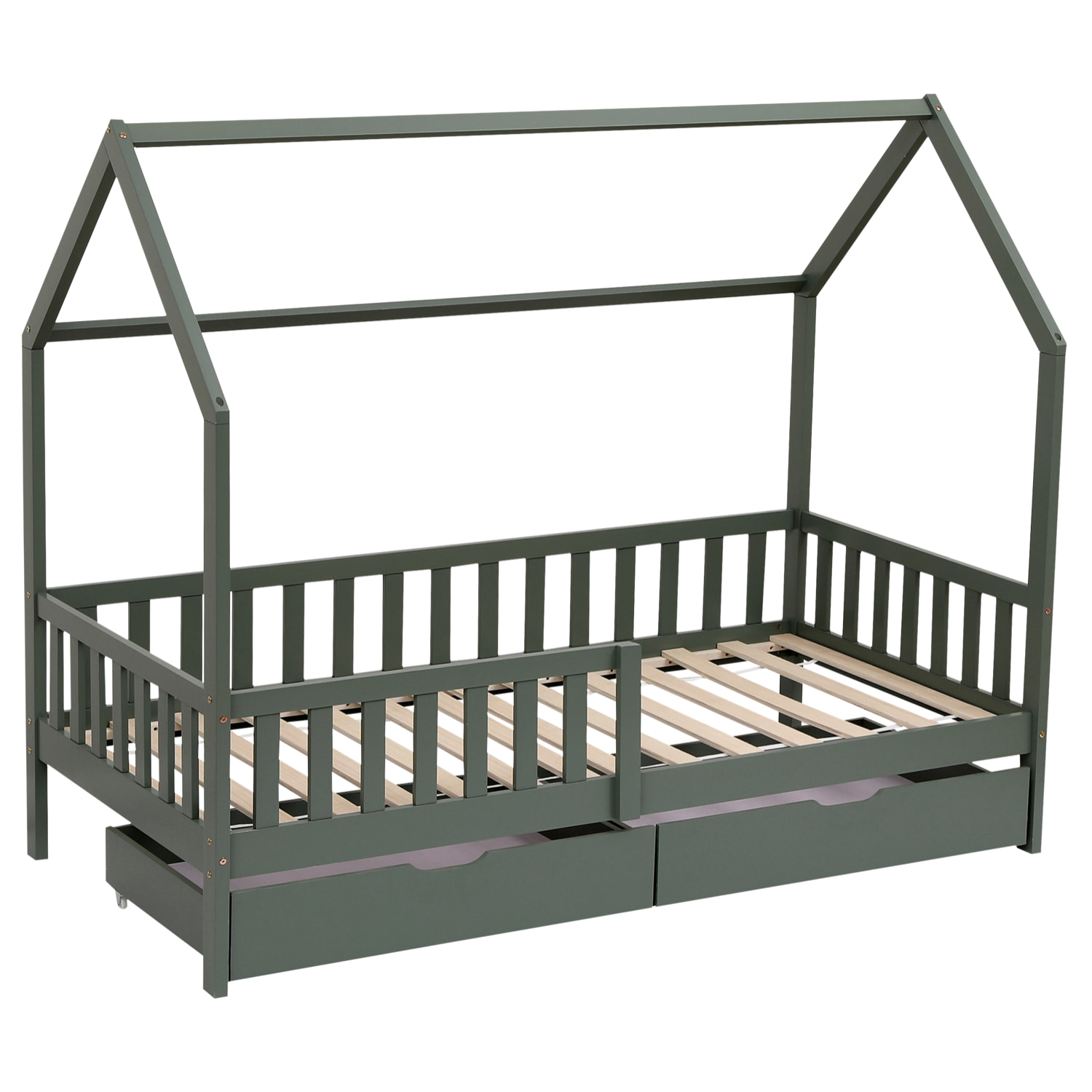 Lit cabane pour enfant 190x90cm vert avec tiroirs MARCEAU