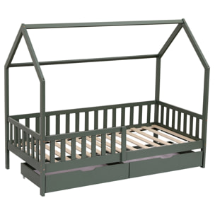 Lit cabane pour enfant 190x90cm vert avec tiroirs MARCEAU
