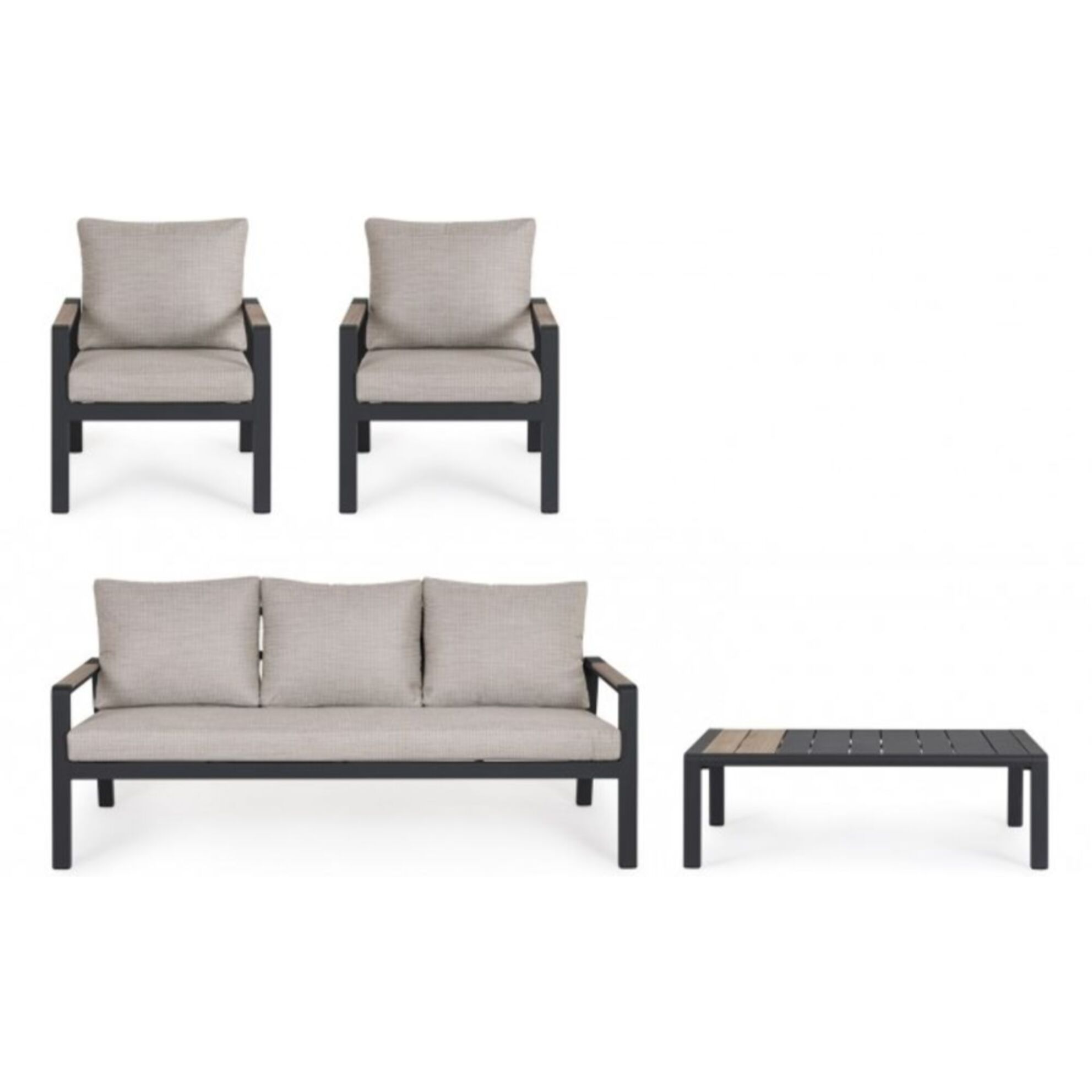 Set salotto ELNA con 1 divano, 2 poltrone e 1 tavolino in alluminio antracite con inserti in polywood