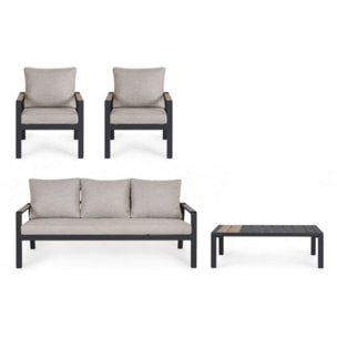 Set salotto ELNA con 1 divano, 2 poltrone e 1 tavolino in alluminio antracite con inserti in polywood