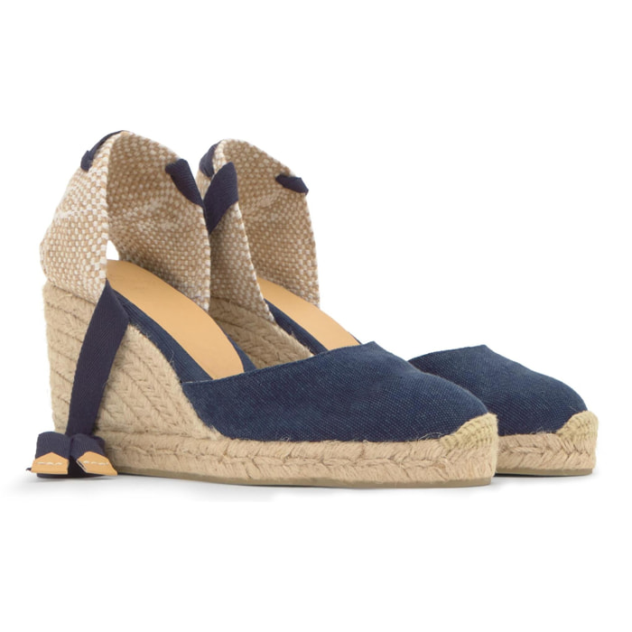 Alpargata de cuña 6 cm en lona de algodón con cintas al tobillo y talonera trenzada