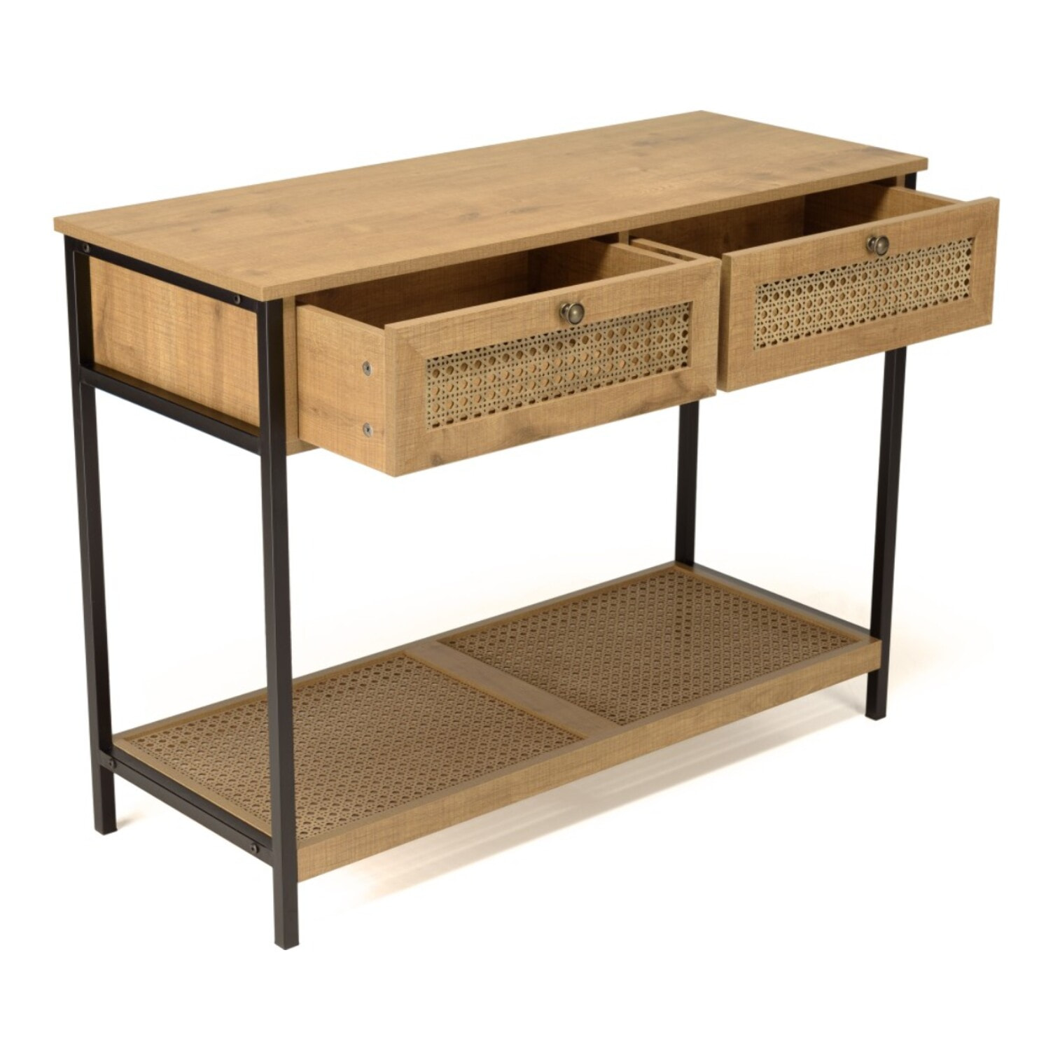 CHARLIE - Console bois marron 2 tiroirs 1 étagère cannage pieds métal