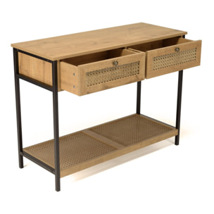 CHARLIE - Console bois marron 2 tiroirs 1 étagère cannage pieds métal