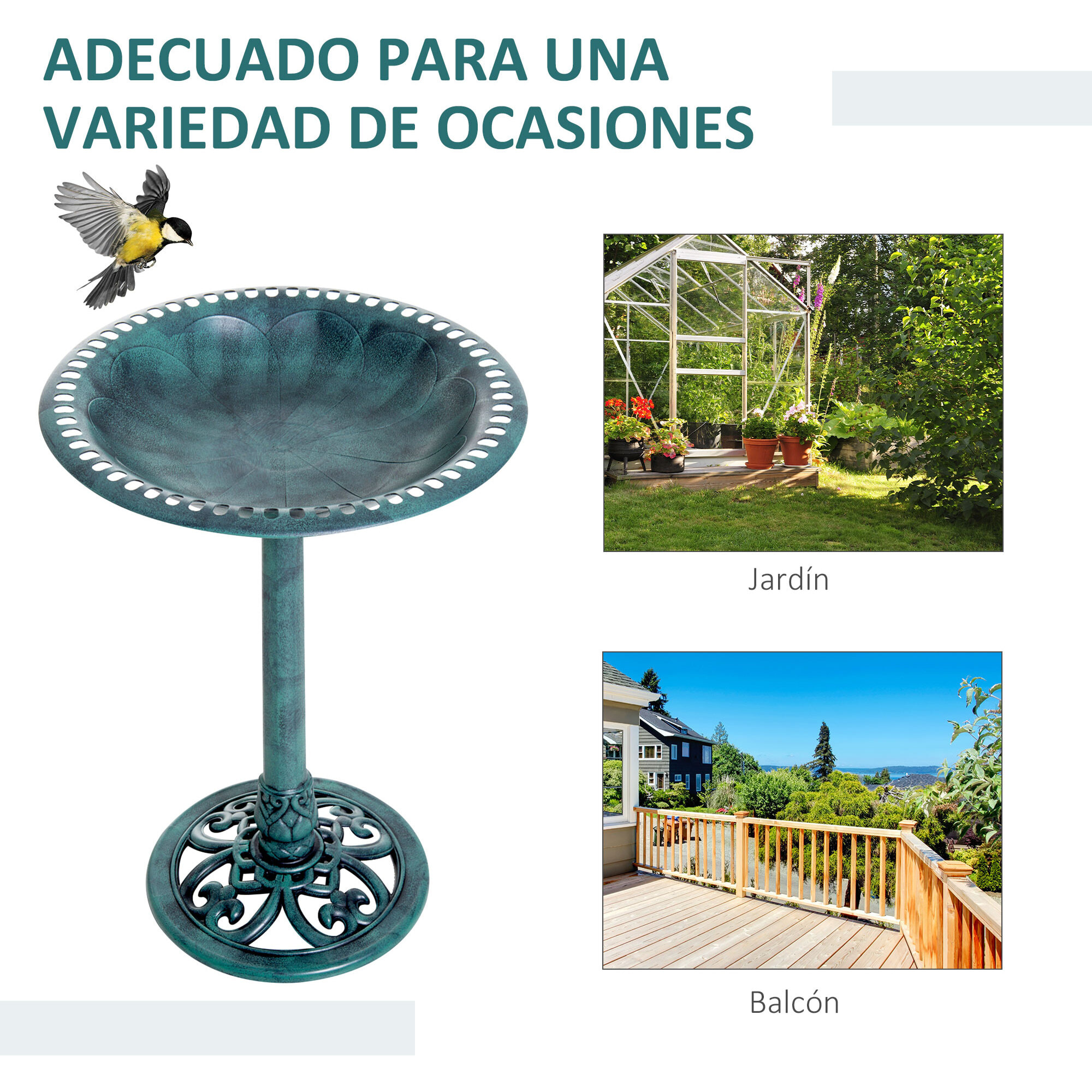 Baño para Pájaros de Jardín al Aire Libre, Altura 70 cm, Comedero para Pájaros con Diseño de Flor de Lis y Acabado Envejecido, Ligero y Resistente, Bebedero para Aves, Verde