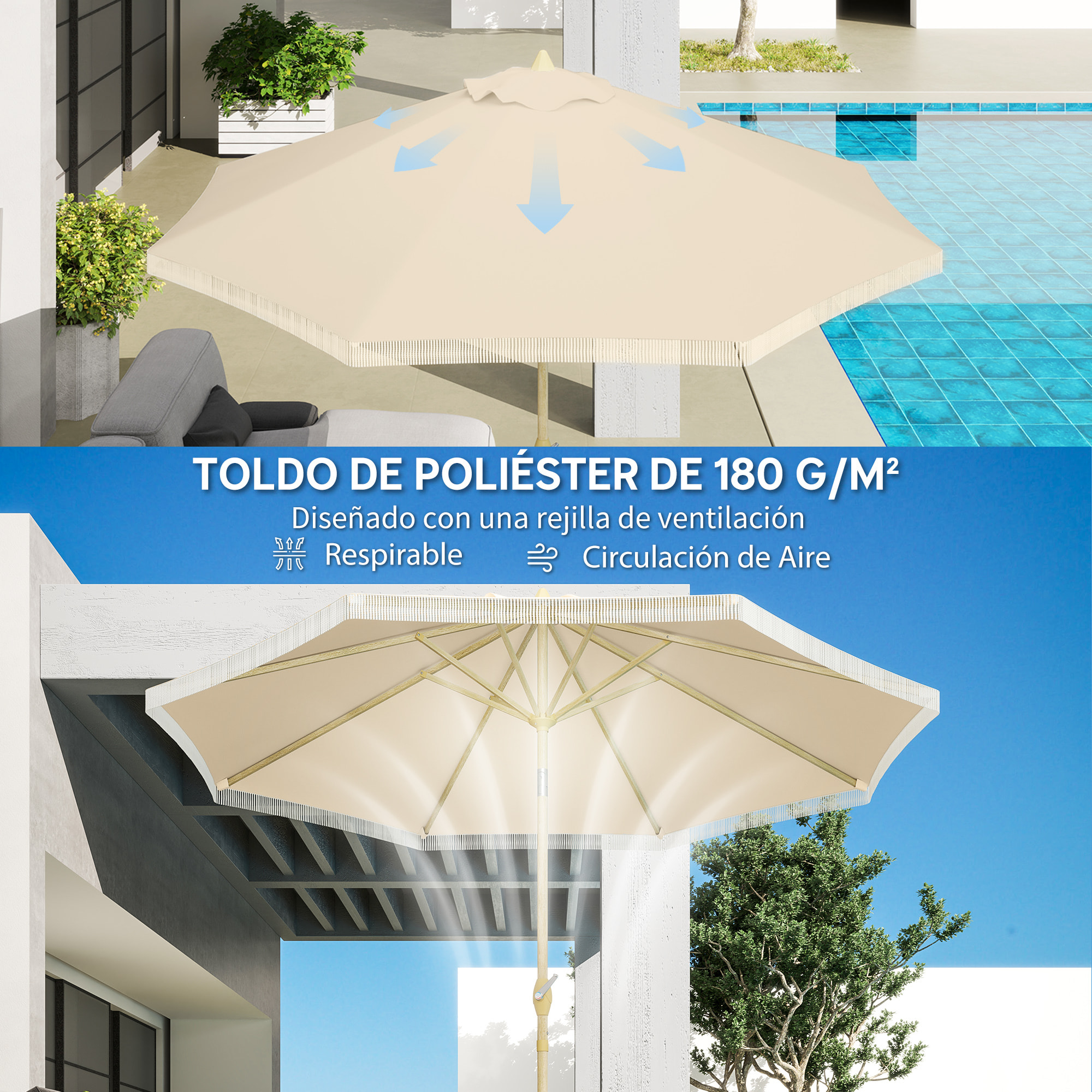 Sombrilla Terraza Exterior, Ø265x244 cm, Sombrilla de Jardín con Ángulo Ajustable, Manivela, Flecos de Estilo Boho, Impermeable, Parasol para Patio, Terraza, Crema
