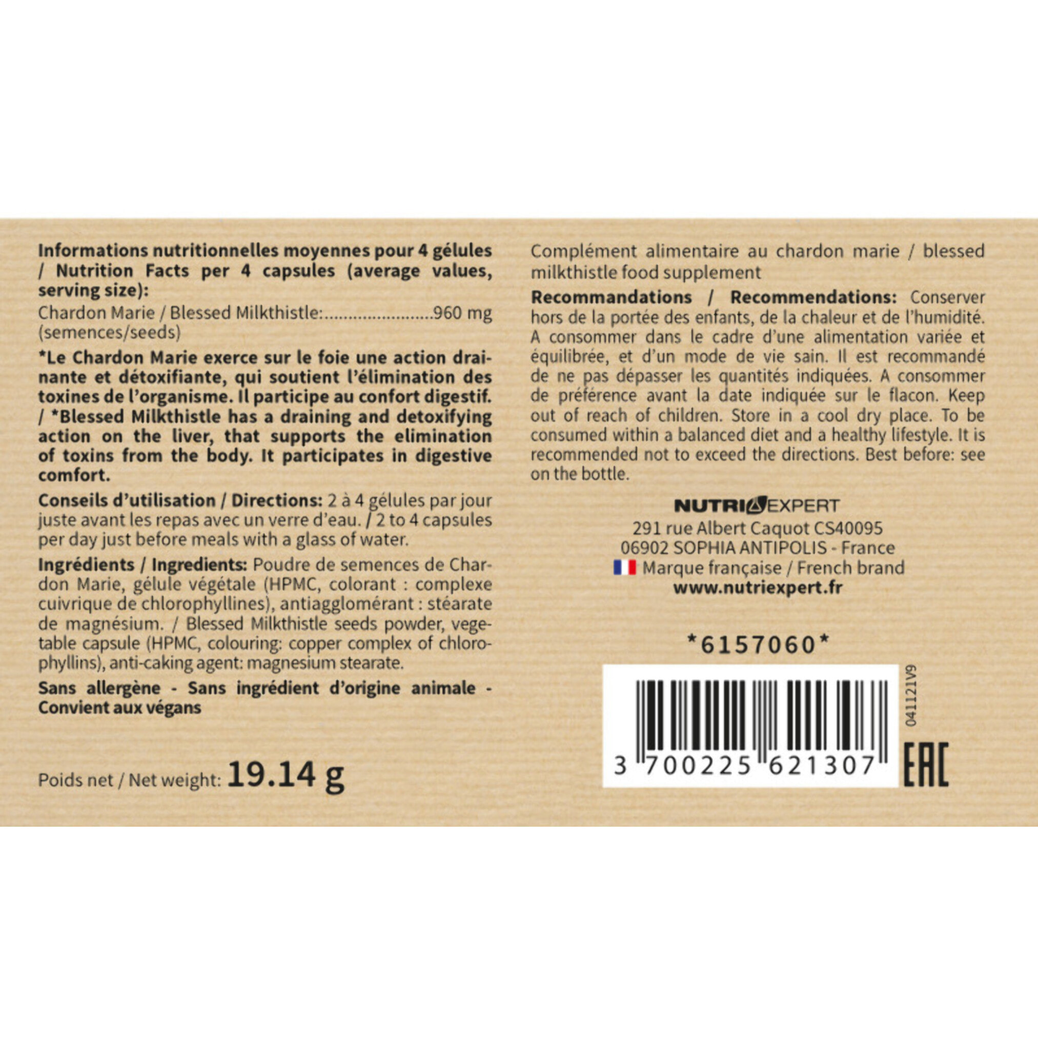 NUTRI EXPERT - Chardon Marie - Detox du Foie- Soutient le bon fonctionnement hépatique et du foie - Favorise le drainage - 100% extraits Chardon Marie naturel - Convient aux végans - Lot de 2 produits