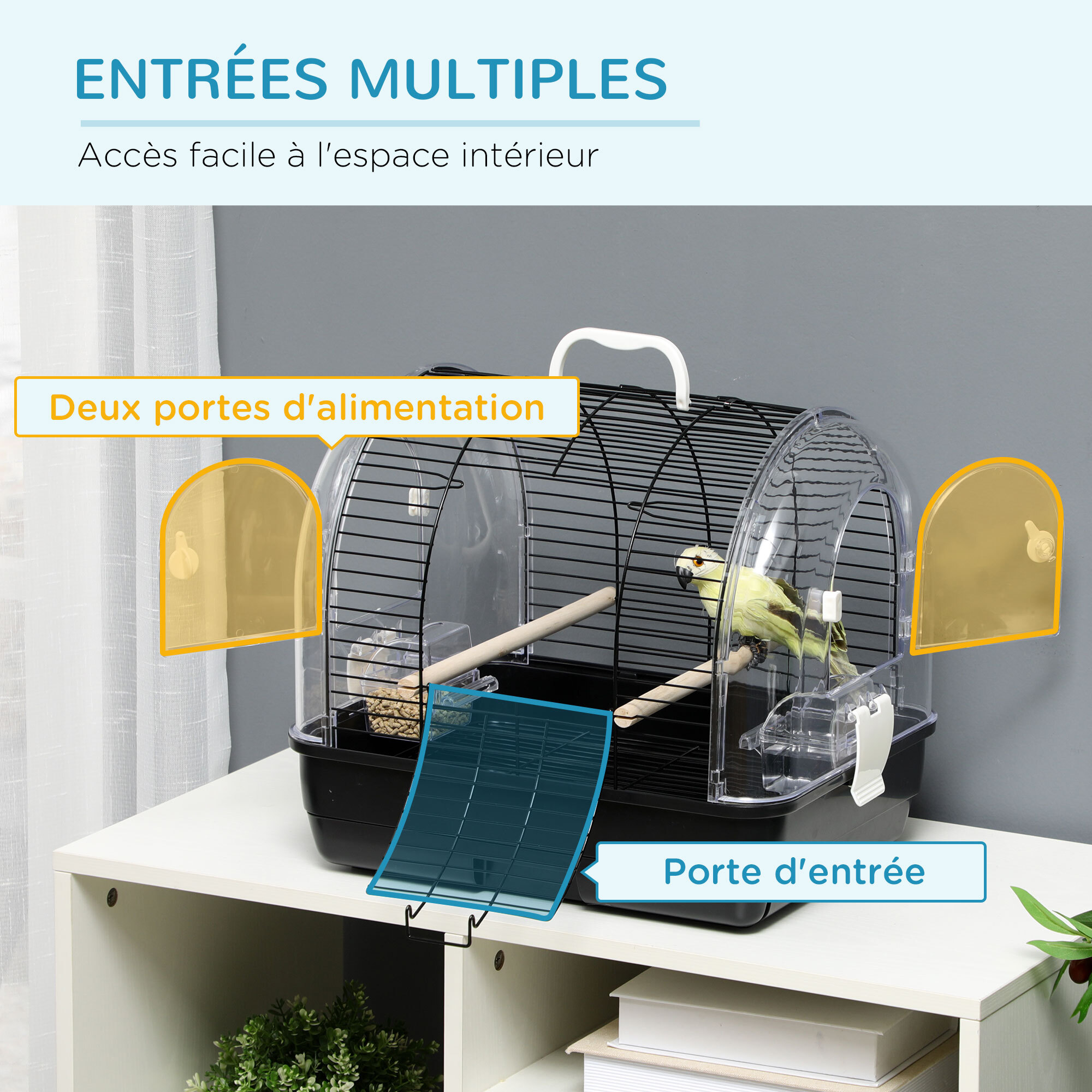 Cage à oiseaux portable 2 mangeoires 2 perchoirs 3 portes plateau excrément amovible poignée transport métal PS noir