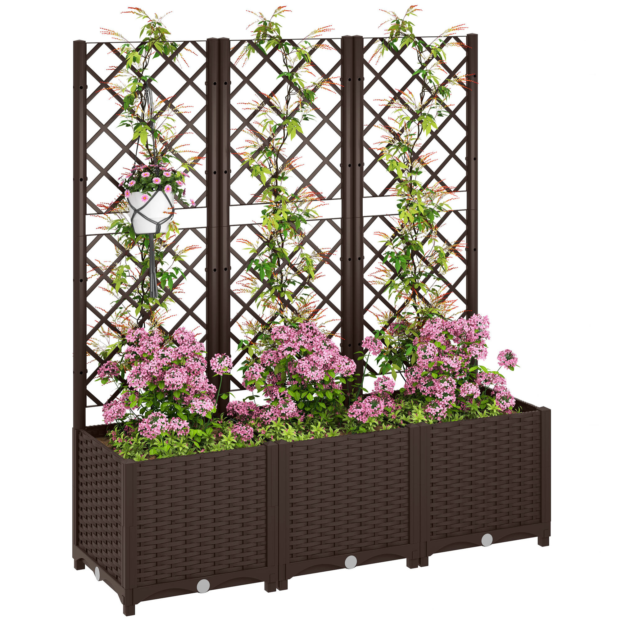 Jardinera con Enrejado de PP Jardinera Exterior Grande con Drenaje y Amplio Espacio para Plantas Trepadoras Macetero con Soporte para Jardín Patio Terraza 120x40x135 cm Marrón