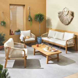 Salon de jardin en bois et cordes. acacia. coussins beige. 5 places