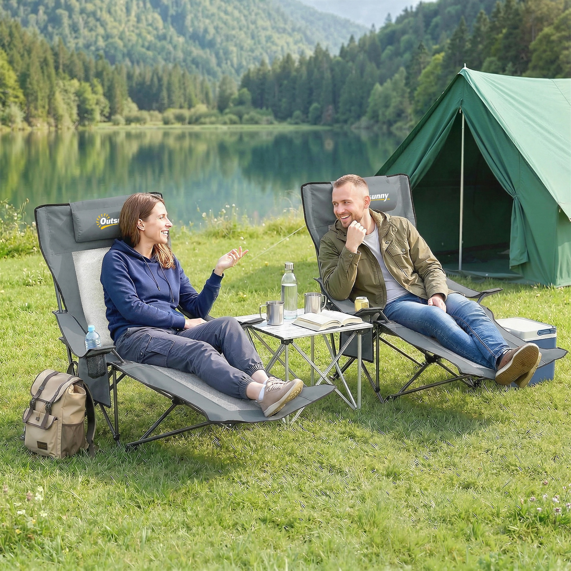 Lot de 2 chaises de camping pliantes inclinables repose-pieds rétractable