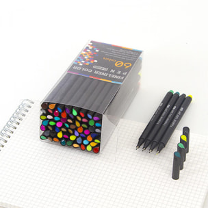 Set di 60 penne professionali COLOR FINELINER punta fine 0,4 mm. Colori definiti e brillanti per contorni, illustrazioni, mandala...