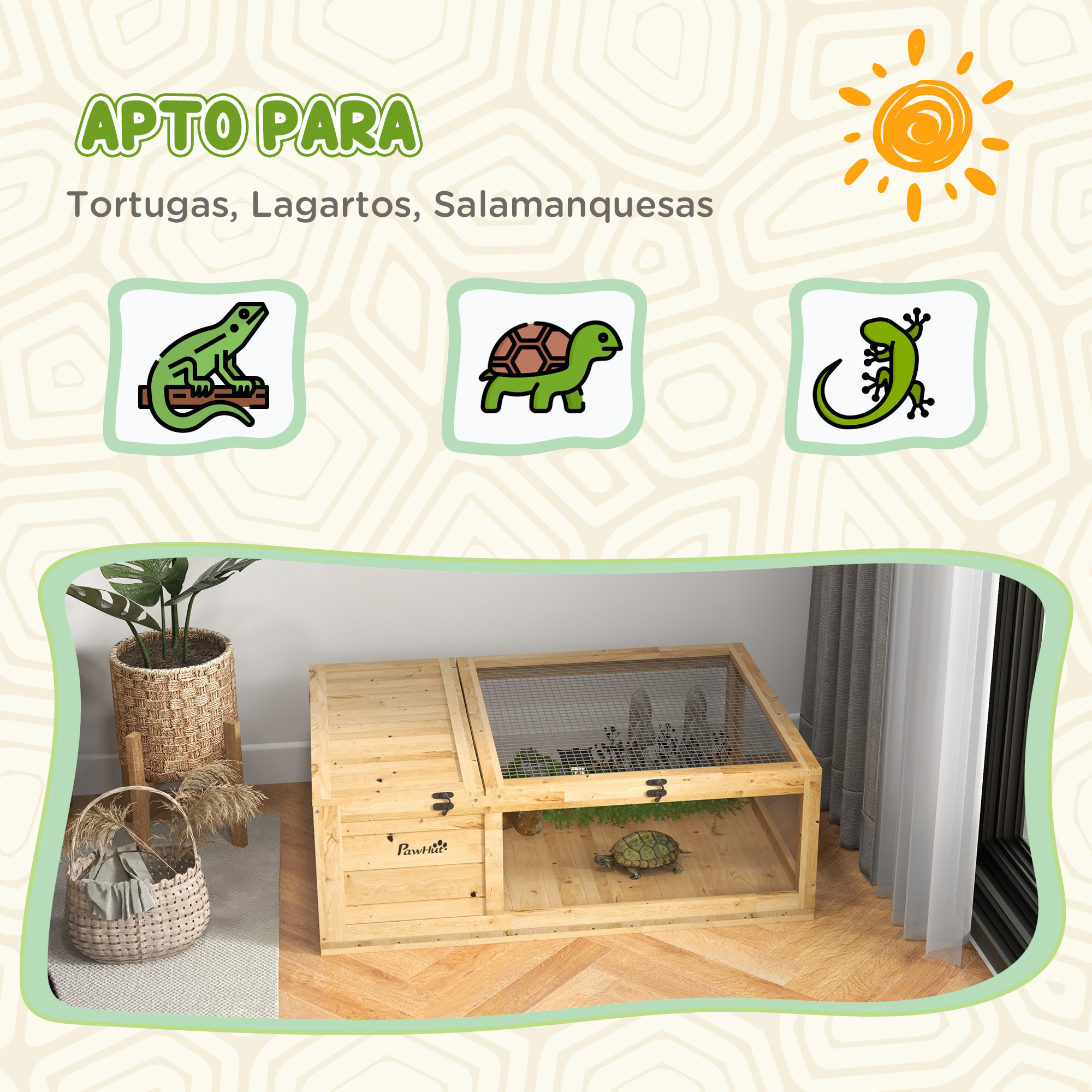 Casa para Tortugas de Madera, Terrario para Reptiles con Techo de Malla, Paneles Laterales Transparentes Extraíbles y Pestillo de Seguridad, Caseta para Tortugas, 91x60,5x32 cm, Natural