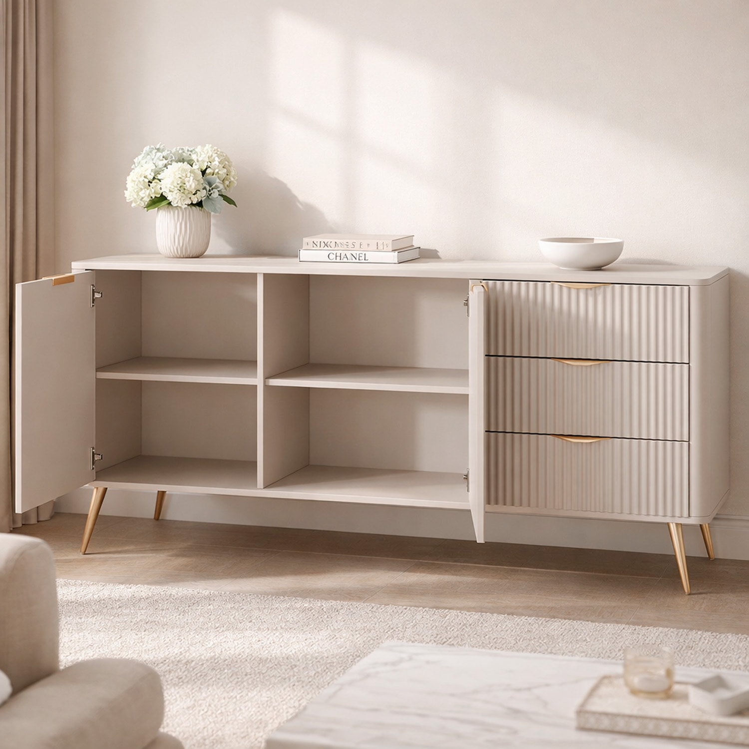 Madia Soggiorno Con 2 Ante e 3 Cassetti Credenza Salvaspazio Design Moderno Elegante Per Soggiorno Camera Con Piedini Slanciati 163 x 81 x 38 Cm Beige