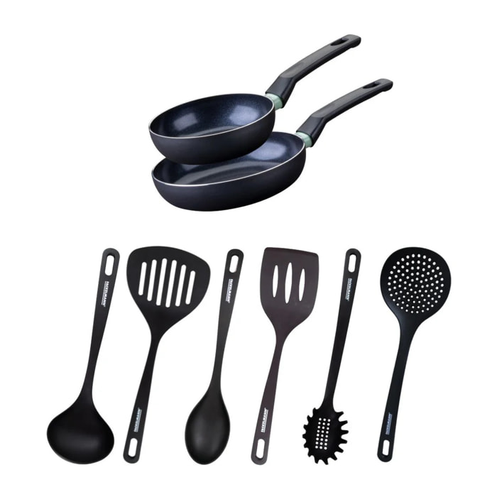 Ensemble de 2 poêles de 16 et 20 cm et 6 ustensiles Fackelmann Brandao