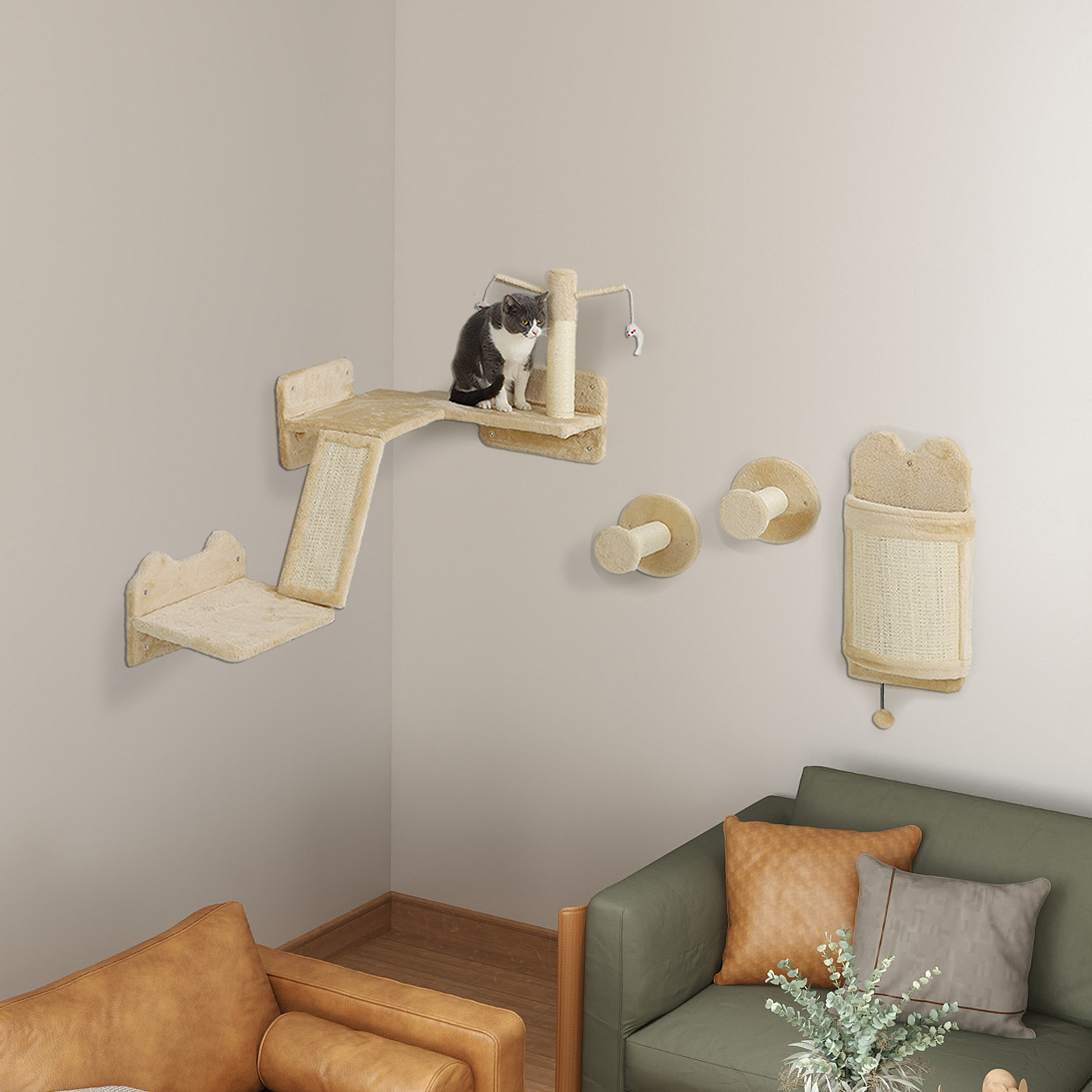 Mur d'escalade pour chat - arbre à chat design mural - griffoirs, grattoirs, jeux - sisal naturel peluche beige