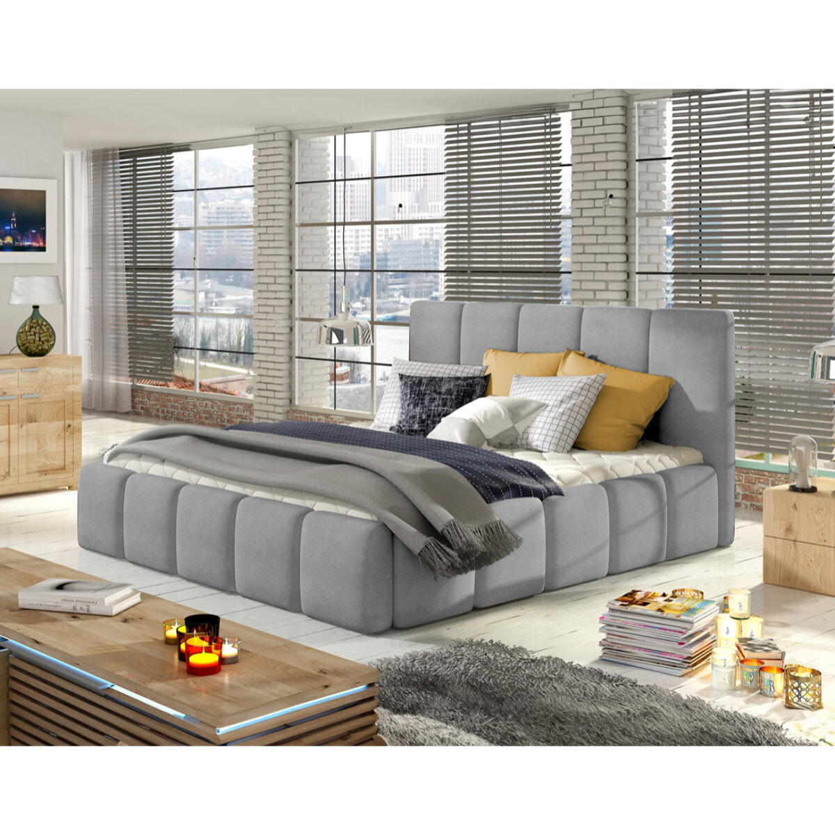 Lucea - lit coffre - 160x200 - sommier inclus - en velours - Gris clair