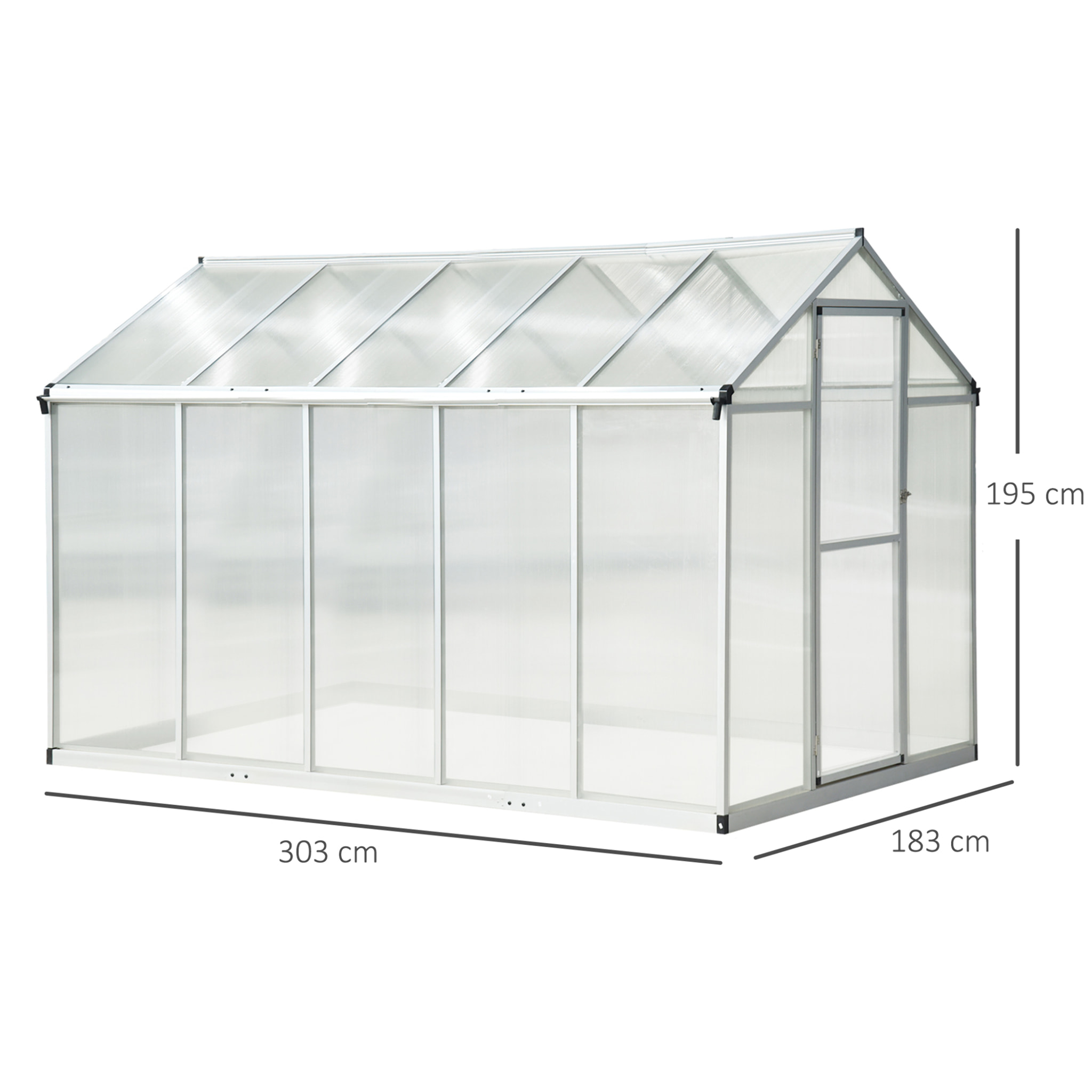 Serre de jardin aluminium polycarbonate 5,5 m² dim. 3,03L x 1,83l x 1,95H m fondation lucarne porte loquet