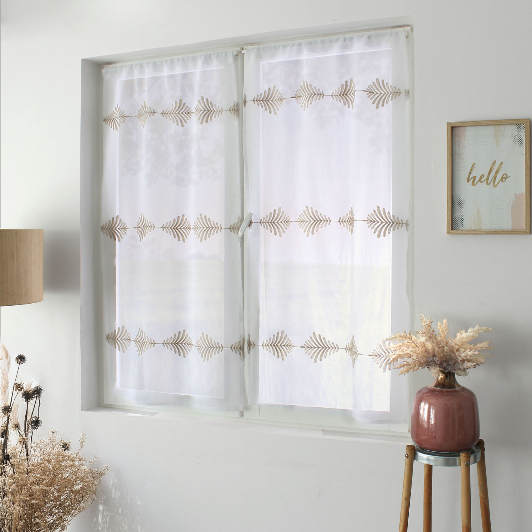 Paire de petits vitrages brodés feuillage - Beige