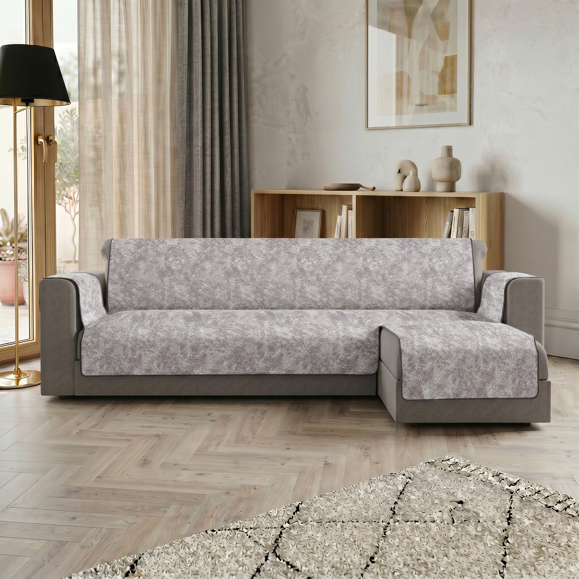 COPRIDIVANO GLAMOUR con Penisola DESTRA, Antiscivolo, Cotone+Microfibra+Fibre Varie, Made in Italy - GRIGIO SCURO